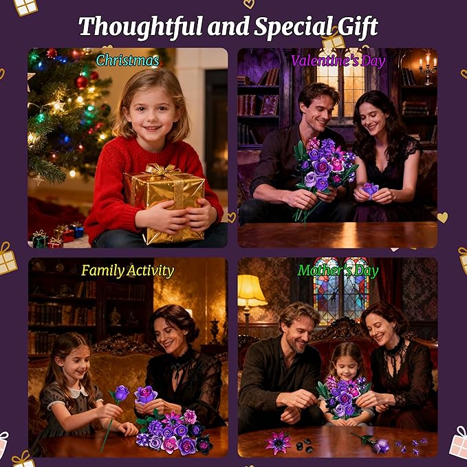 Purple Rose Bouquet Building Set: Compatible with Lego Flowers for Adults Women Gothic Artificial Botanical Collection Halloween Christmas Valentine's Gifts Home Decor