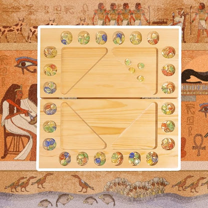 4 Players Mancala Board Game Solid Wood Folding Mancala Board with Multi-Color Glass Stones Mancala Family Travel Strategy Games Set with Game Instruction