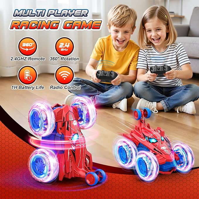 Spider remote control car rc cars toysCool rechargeable stunt rc car with 360 flips 4WD wheel with bright lightFun outdoor toys gifts for kids birthday or Chritmas age 4 5 6 7 8 9 10 11 12 years old