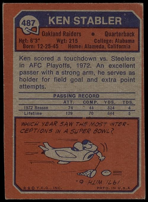 1973 Topps #487 Ken Stabler Oakland Raiders (Football Card) VG Raiders Alabama