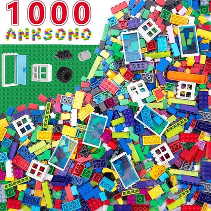 1000 Pieces Building Bricks Classic Building Bulk Blocks for Kids with 12pcs Wheels Accessories Windows Doors 2 Packs Studs Sticky Plate Compatible with All Major Brands Gfits for Kids