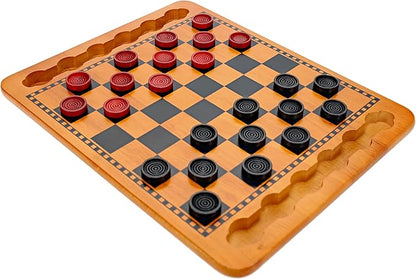 WE Games Solid Wood Checkers Board Game – 14.5-Inch Vintage Checkers Set with Inset Grooves &amp 24 Red &amp Black Board Game Pieces – Fun Family Table Game