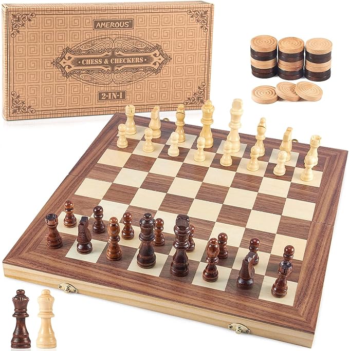 AMEROUS 15'' Wooden Chess &amp Checkers Set 2 in 1 Board Games -2 Extra Queens -24 Cherkers Pieces - Gift Box Packed - Chessmen Storage Slots Beginner Chess Set for Kids and Adults
