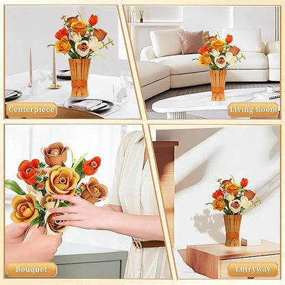 Flowers Set with Vase for Adults Compatible with Lego Flowers Icon Roses Bouquet Botanical Collection Kits Artificial Flower Set Valentines Day Gifts for Her Him Kids 14+ Home Office Decorations