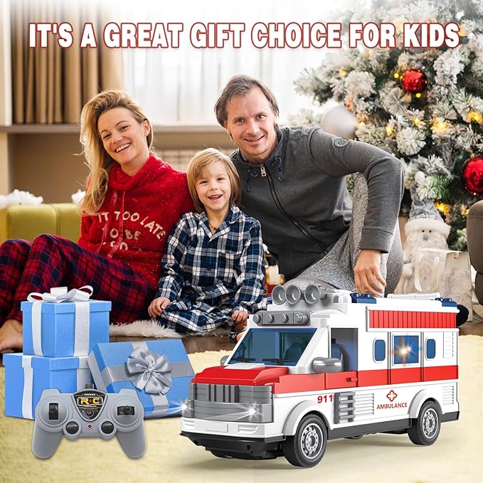 Dollox 1/30 Remote Control Ambulance 2.4G RC Play Car Toy 4 Channel Electric Ambulance Vehicles Emergency Rescue Cars with Lights Opening Door Gifts for Kids Boys Girls Age 3 4 5 6 7