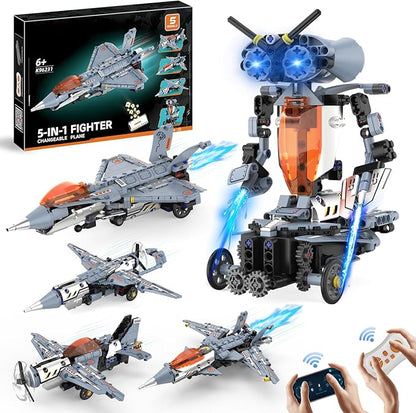 5 in 1 STEM RC Robot Building Kit Fighter Jet Airplane Building Set with APP &amp 2.4GHz Remote Control Technic Transformable Fighter Plane Toys for Kids Boys Age 6 7 8 9 10 11 12+ Birthday Gifts