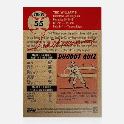 TED WILLIAMS TOPPS LIVING SET 2018 BASEBALL CARD #55 BOSTON RED SOX WITH FACSIMILE SIGNATURE + TOPLOADER