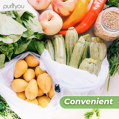 purifyou Set of 9 Reusable Produce Bags, Heavy Duty Washable Mesh Grocery Bag with Drawstring, Ideal for Farmers Market, Beach, and Refrigerator Storage (Extra Large, Large, Small)