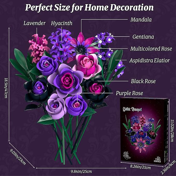 Purple Rose Bouquet Building Set: Compatible with Lego Flowers for Adults Women Gothic Artificial Botanical Collection Halloween Christmas Valentine's Gifts Home Decor