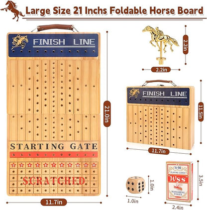 Bravmate Large 21 Inches Horse Race Board Game Solid Wood Foldable Horse Racing Game with 11 Luxury Metal Horses 2 Wooden Dice 2 Boxes of Cards 80 Chips for Parties