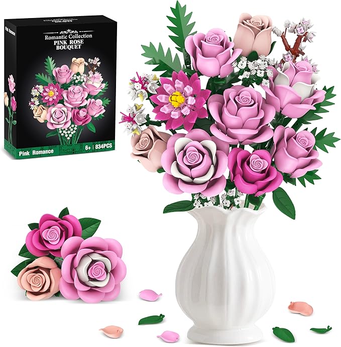 Pink Rose Bouquet Flowers Building Set 834Pcs Roses Artificial Flowers Botanical Collection Compatible with Lego Flowers for Adults Valentines Day Gifts for Her Women Wife Girlfriend Mom