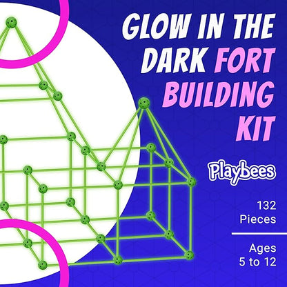 Playbees Glow in The Dark Fort Building Kit – 130 PCS STEM Toy for Kids Ages 4–12 – Build Tents Castles &amp Rockets – Creative Building Set &amp Great Gift