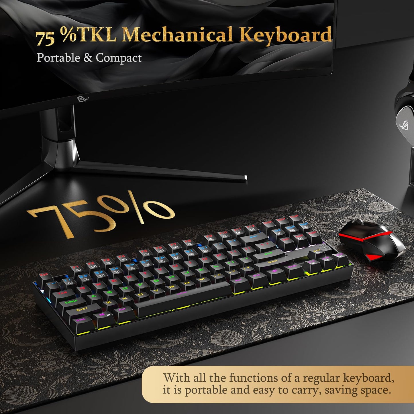 Redragon K552 Mechanical Gaming Keyboard, 87-Key Compact, LED Gaming Keyboard with Red Switches, Anti-Ghosting, Metal Frame for PC Gaming & Typing, Beginner-Friendly (Black)