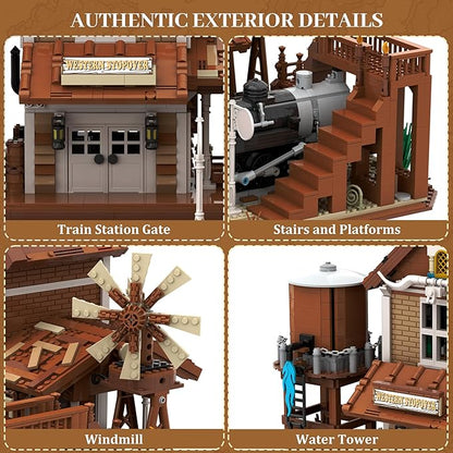 Western Train Station Building Set for Adults 3885 PCS West Steam Train Model Kit with Station Creative Collectible Home Décor Display Kit for Adults and Teens 14+