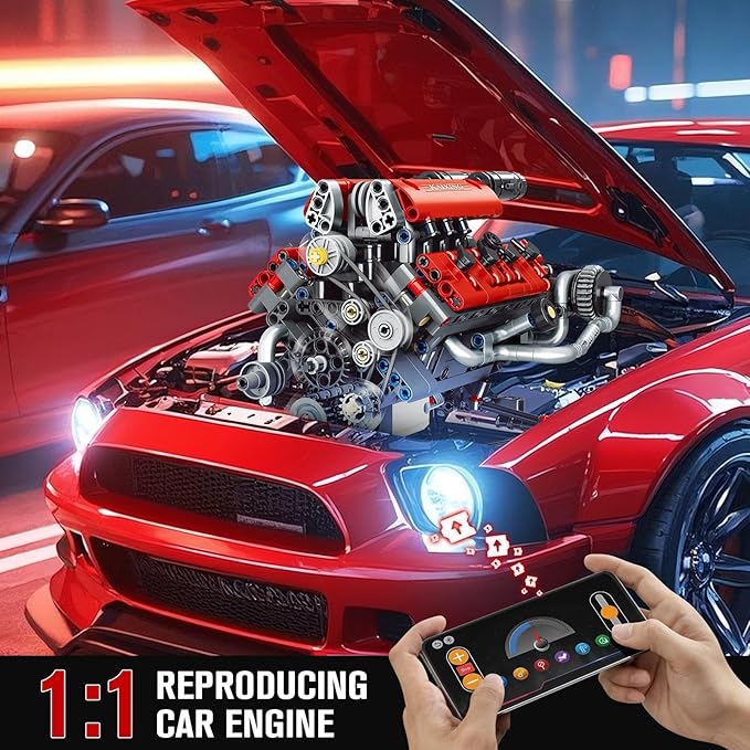 HIGH GODO V8 Engine That Works Visible Car Engine Model Kit with Motor and Lights Build Your Own Car Engine Kit with App Control Kit STEM Toys Gifts for Teens Adults 14+ (660 PCS)