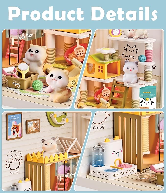 DIY Miniature Cat Pet Shop Dollhouse Kit with Dustproof Cover &amp Roof - Purrfect Tiny Animal Shelter Room with Led Lights - Creative Craft Set for Ages 14+