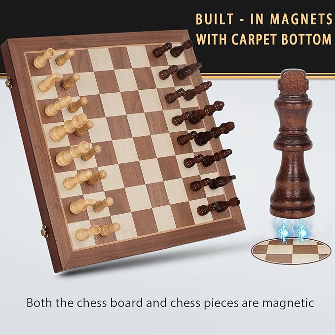Magnetic Wooden Chess Set 15 Folding Chess Board with 2 Extra Queens Portable Travel Chess Set with Pieces Storage Slots Beginner Chess Board Game for Adults &amp Kids