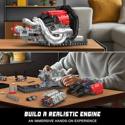 Mould King Racing Car Engine Model Kit 980+Pcs Motorized Mini Engine Kits That Runs Build Your Own Model Engine with Gearshift &amp Battery Building Blocks for Adults DIY Construction Engineering