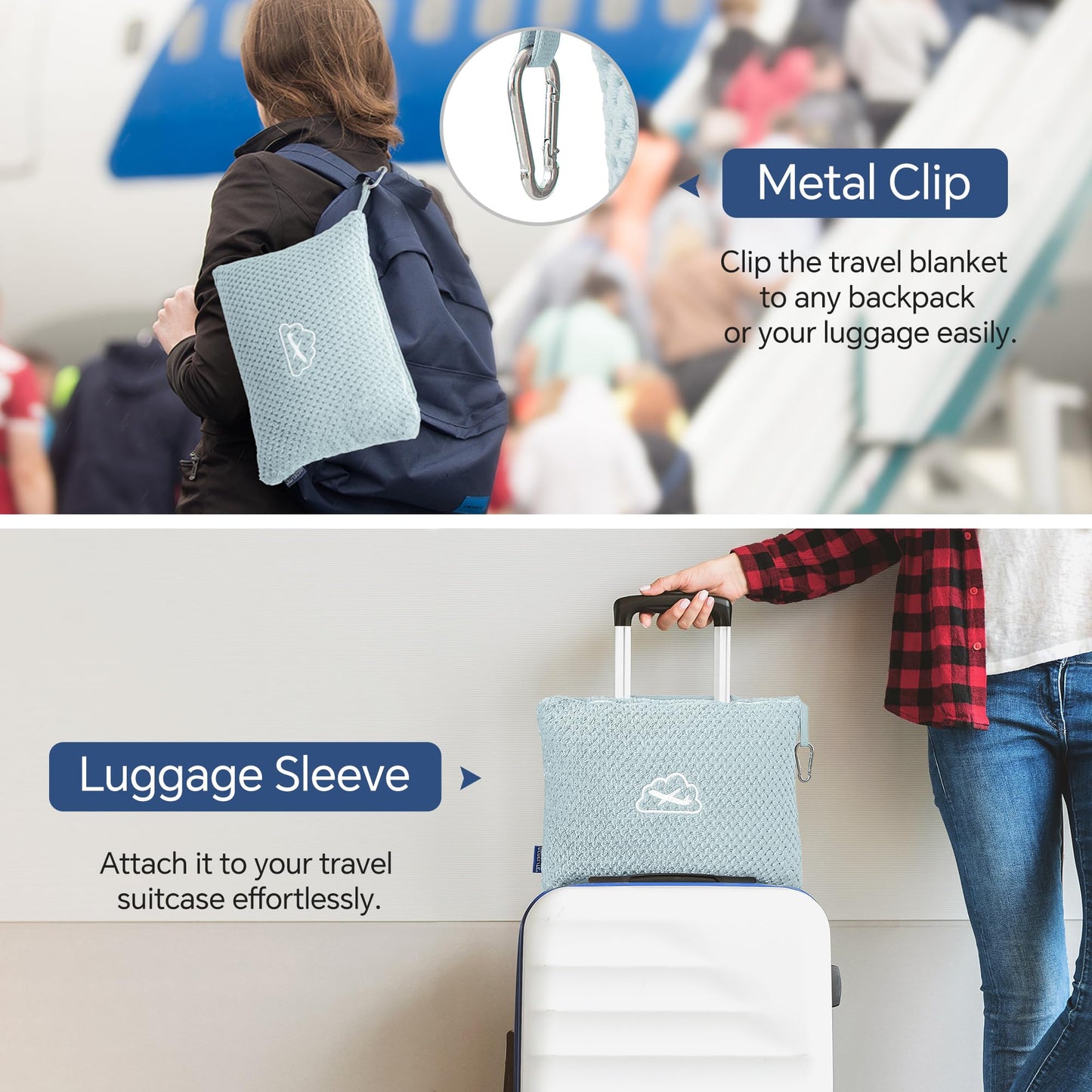 BEDELITE Travel Blanket and Pillow Set 2-in-1, Ultra-Soft Jacquard Fleece Blanket with Bag, Airplane Blanket with Luggage Sleeve & Backpack Clip Travel Essentials, Blue