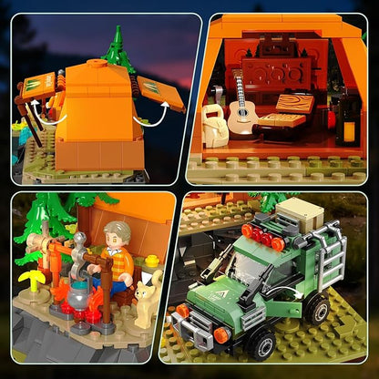 Mountain Camping Building Set with Light Outdoor Adventure Scene Toy with Camp Tent Camper Van Campfirre Creative Home Decor &amp Display Xmas Birthday Gift for Adults Teens Camping Lovers 677