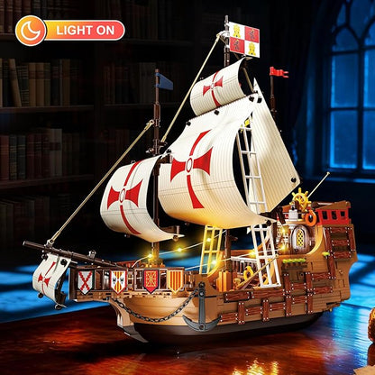 Santa Maria Ship Building Set with LED Lights 2 in 1 Pirate Ship House Wharf Building Block Kit 1253 PCS Adventure Merchant Ship Model Building Toy Gift for Adults Teens Boys Girls Ages 12+