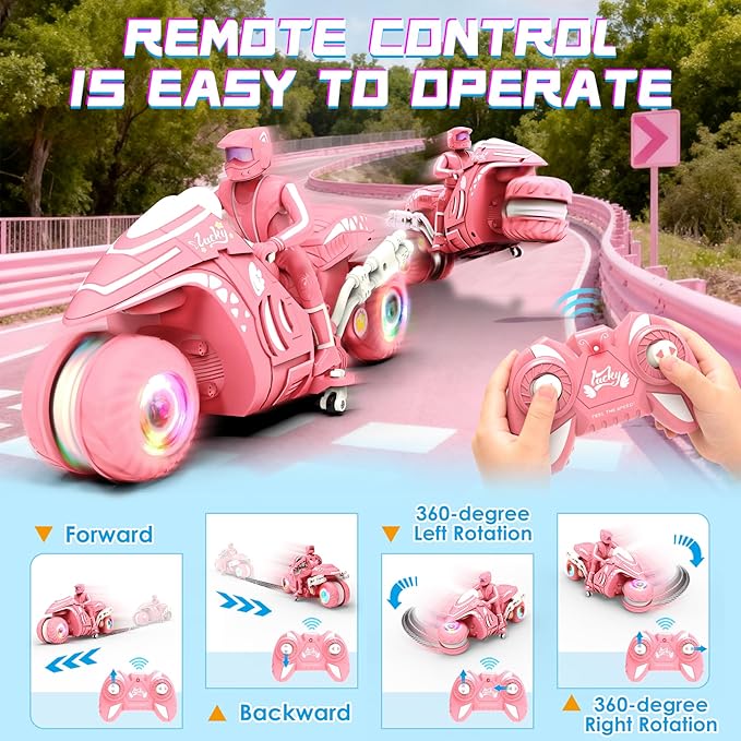 RC Motorcycle Toy with RGB Wheels Light 360° Rotation High Speed Remote Control Dirt Bike with Rider 2.4Ghz Off-Road Kids' Play Motorcycles for Girls Boys Age 5-12