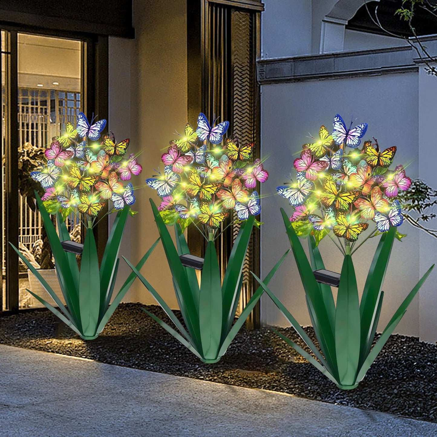 Homight Solar Metal Agave Butterfly Flower Stick Garden Sculpture - Outdoor Christmas Lights With Swaying Butterfly Sunflower - Solar Outdoor Gift (3 PCS Green)