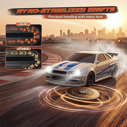 [2026 New Upgrade 1/43 Scale Mini RC Drift Car with Gyroscope Toys for Age 8-14 Old Birthday Gifts Micro Small with Full Proportional RTR 2.4GHz Remote 2 Tire Sets 8 Cones - Silver Blue