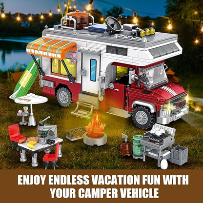 Camper Van Building Set Compatible with Rvs Camper Vehicles Summer Beach Holiday Camping Car Building Toy with Light Gift for Adults and Boys Girls Kids Teens 8-12 (924 PCS)