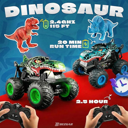 BEZGAR Monster Truck Toys - Remote Control Monster Truck with Light &amp Music Dinosaur Toys for Kids 1:20 Scale RC Truck with 360° Spins and Drifting Remote Control Car for Boys 4-7 Blue