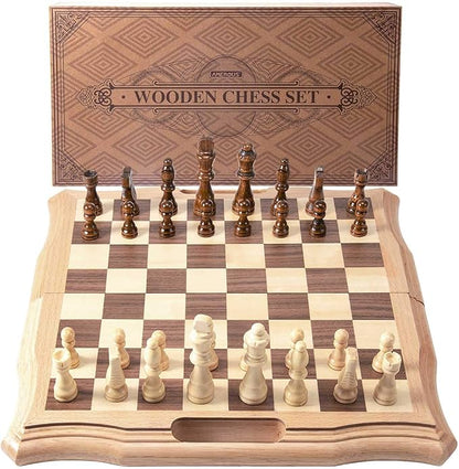 AMEROUS 15.6 inches Magnetic Wooden Chess Set Handheld Style Chess Board Game Sets with Game Pieces Storage Slots - 2 Extra Queens - Gift Package Chess for Beginner Kids and Adults