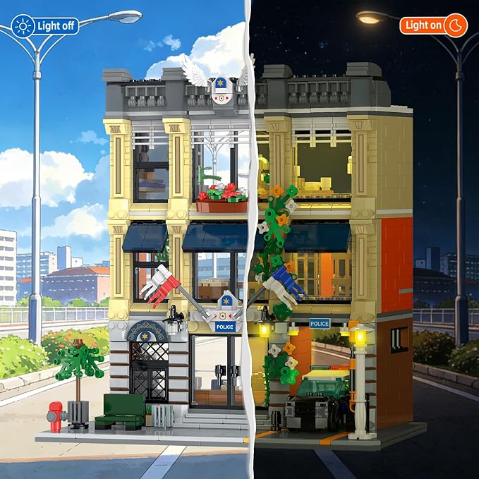 City Police Station Building Set Compatible with Lego Retro Modular 3-Story Architecture with LED Lights Realistic Street Scene Display for Adults &amp Teens (1445 Pieces)