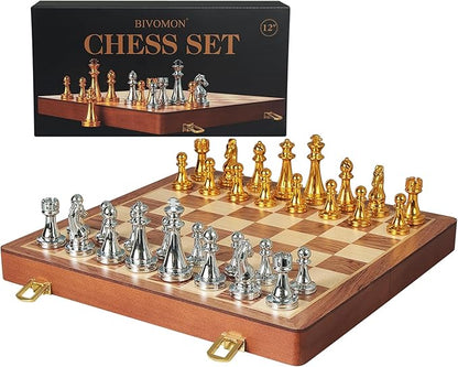 Metal Chess Set for Adults Kids 12'' Folding Wooden Chess Board with Metal Chess Pieces Handcrafted Portable Travel Chess Sets Game for Beginner Professional (Weighted Non-Magnetic)
