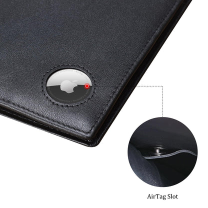 Polare Luxury RFID Blocking Leather Passport Holder Travel Wallet For Men and Women (Black with AirTag Slot)