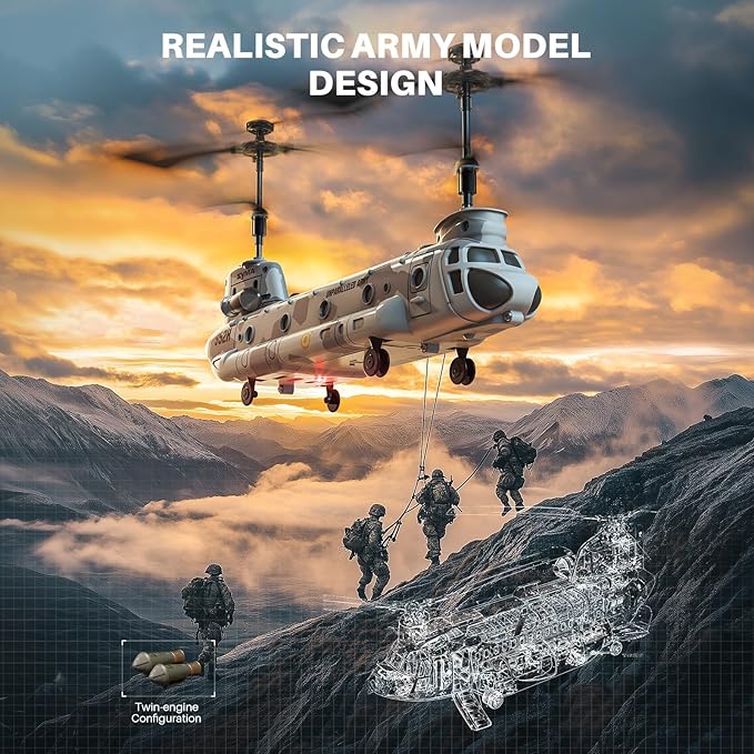 SYMA Remote Control Helicopter S52H Military Transport RC Helicopter with Altitude Hold One Key take Off/Landing LED Light Low Battery Reminder Army Toys for Kids and Military Fans