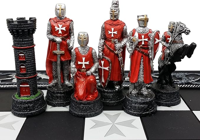Medieval Times Crusades Red and Blue Armored Maltese Knights Chess Set with 17 Board
