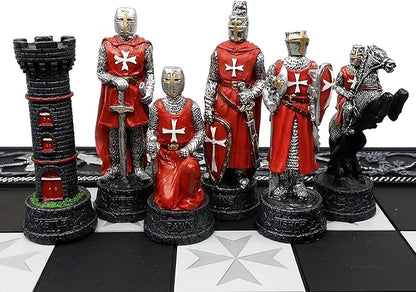 Medieval Times Crusades Red and White Armored Maltese Knights Chess Set with 17 Board