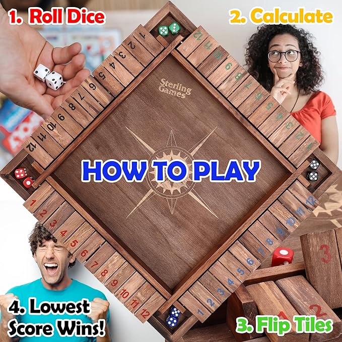 Sterling Games 12 Inches Shut The Box Game for 4 Players Family Dice Game with 12 Numbers Box Nautical Themed Large Wooden Game Board