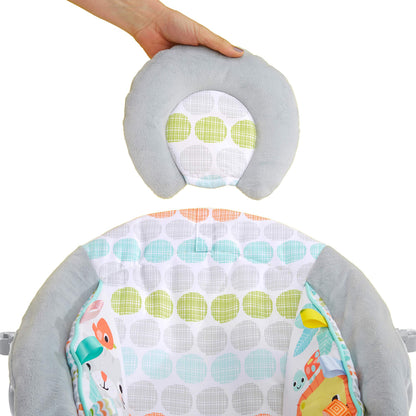 Bright Starts Comfy Baby Bouncer Soothing Vibrations Infant Seat - Taggies, Music, Removable -Toy Bar, 0-6 Months Up to 20 lbs (Whimsical Wild)