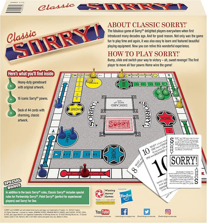 Classic Sorry with Retro Artwork and Components by Winning Moves Games USA a Family Favorite for Almost 100 Years for 1-4 Players Ages 6+