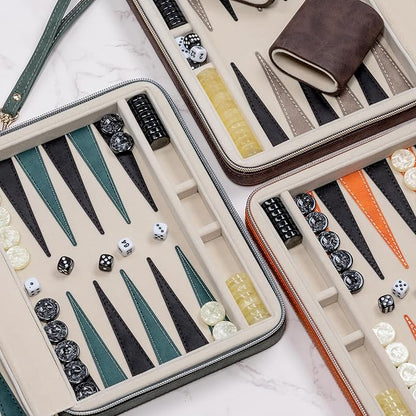 Backgammon Sets for Adults Classic Board Game with Folding Faux Leather Backgammon Case Portable Travel Backgammon Game Set (Green)