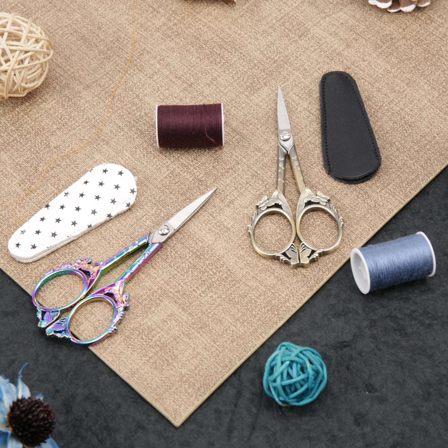 Artistic Vintage Craft Scissors Small 4.6 Inch Sharp Sewing & Embroidery Tool - Engraved Bronze Butterfly Handle, Silver Blade, Pink Polka Dot Case for Crochet, Fabric, Paper, DIY Crafts
