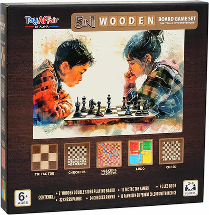 Ankit Toys &amp Games 5-in-1 Wooden Board Game Set Includes Ludo Snakes &amp Ladders Chess Checkers and Tic Tac Toe. Portable Fun for Kids Adults and Family Game Nights | 2 Reversible Boards