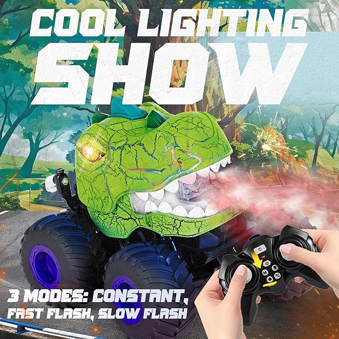 BEZGAR Monster Truck Toys - Remote Control Monster Truck with Spray Light Music Dinosaur Toys for Kids 1:20 Scale RC Truck with 360° Spins and Drifting Remote Control Car for Boys 4-7 Green