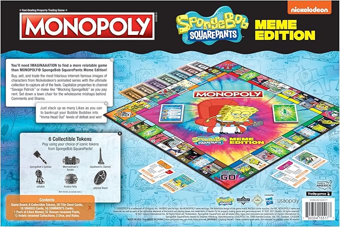 Monopoly Spongebob Squarepants Meme Edition | Based on Nickelodeon Show | Featuring Familiar Memes of Locations Episodes and Characters | Officially-Licensed &amp Collectible Monopoly