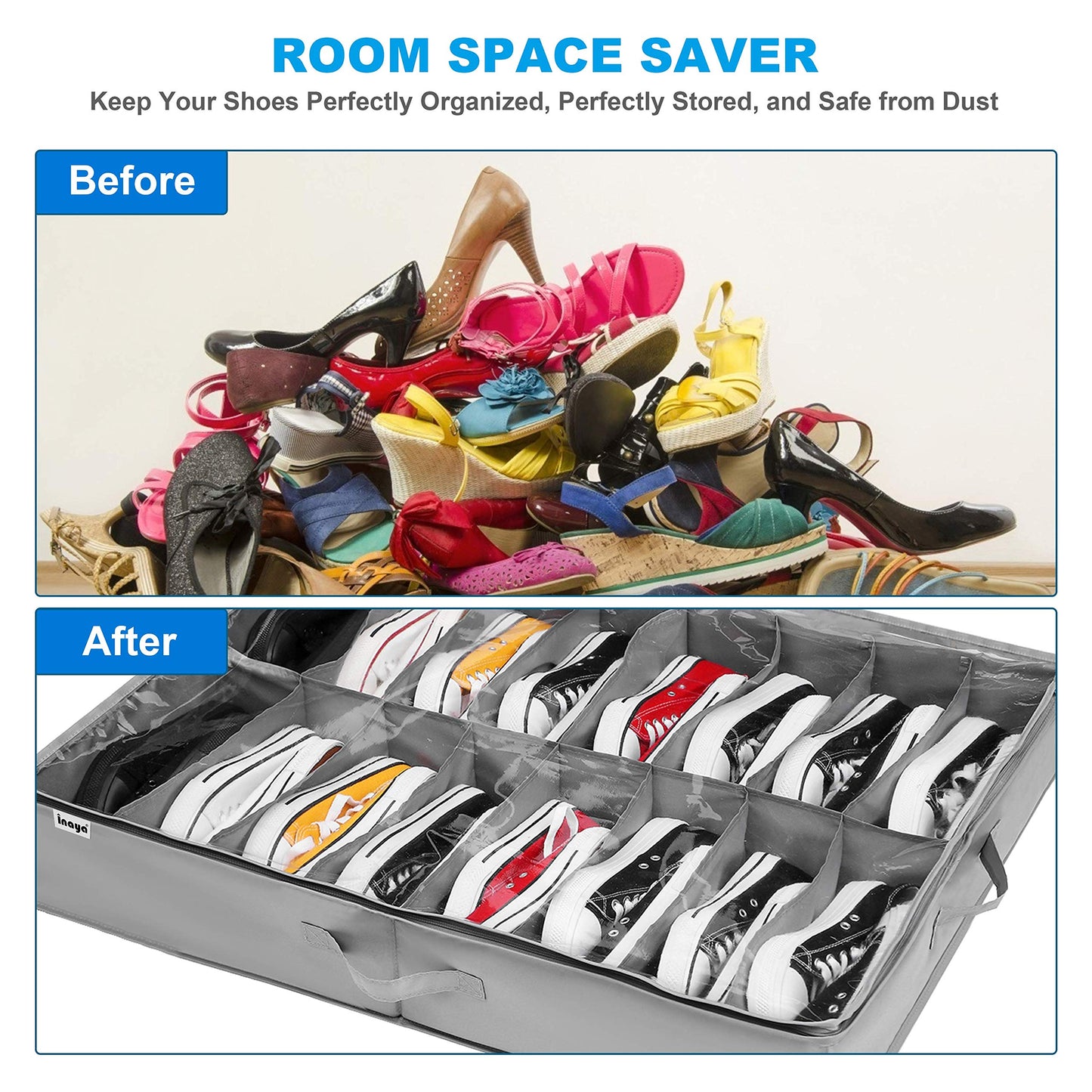 INAYA Under Bed Shoe Storage Organizer Set of 2, Fits 32 Pairs, Underbed Shoe Box Storage Containers Adjustable Dividers w/Bottom Support, Clear Foldable Shoes Storage w/Reinforced Handles