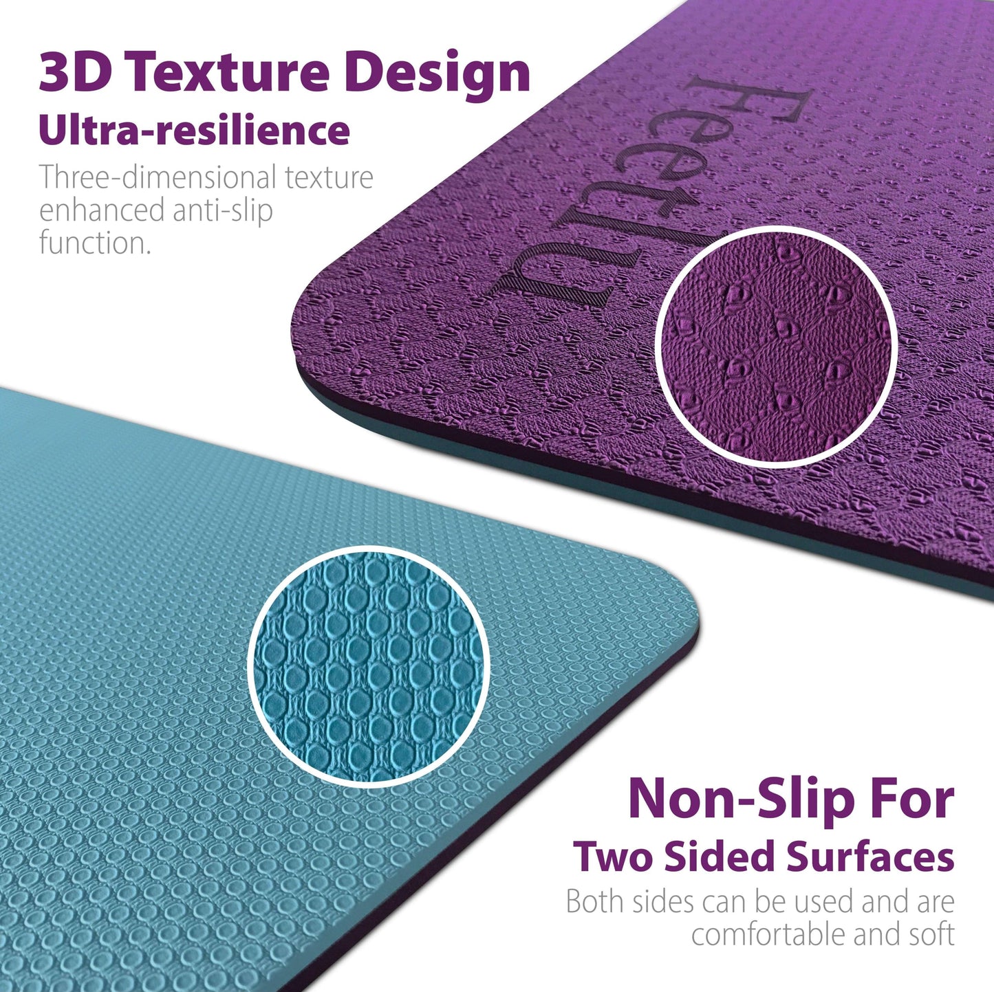 Feetlu Extra Thick Exercise Yoga Mat with Strap - 2/5 Inch (10MM), Non-Slip Workout Mat for Yoga, Pilates, and Floor Exercises(DK. PL/BGY)