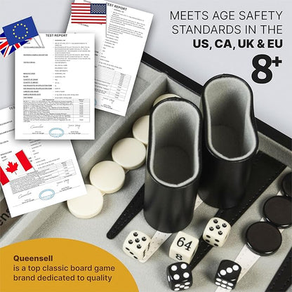 Backgammon Sets for Adults – 15-Inch Black PU Leather Board Game Set – Classic 2-Player Travel Backgammon Set with 32 Playing Pieces Dice and Cups