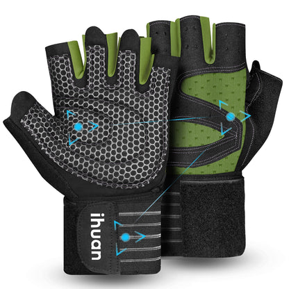 ihuan Ventilated Weight Lifting Gym Workout Gloves with Wrist Wrap Support for Men & Women, Full Palm Protection, for Weightlifting, Training, Fitness, Hanging, Pull ups