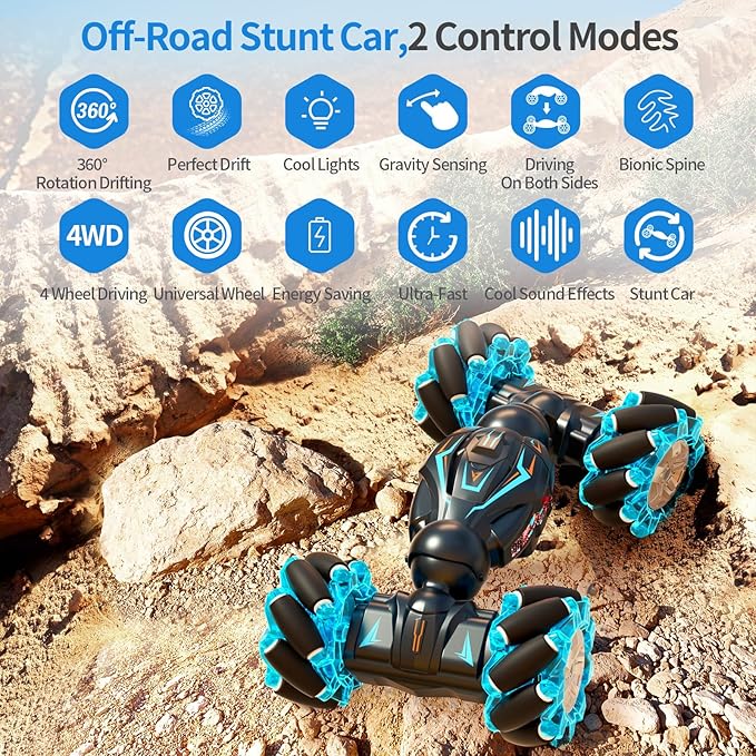 Deejoy 1:12 Gesture Sensing RC Stunt Car 2.4GHz 4WD Hand Controlled Remote Control Car for Boys 8-12 Double Sided Rotating Off Road Vehicle 360° Flips with Lights Music for Birthday